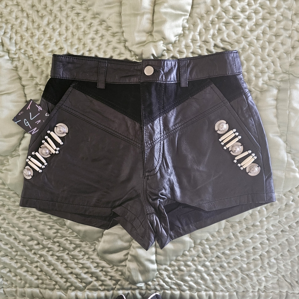 Nasty Gal Black Leather Suede Hot Shorts with Silver Conchos Beads NWT Size XS